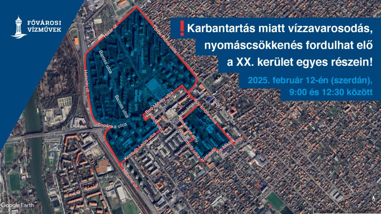 📣 Gépházkarbantartás miatt vízzavarosodás, nyomáscsökkenés fordulhat elő szerdán a XX. kerületben! XX. kerületi gépházon végeznek tervezett karbantartást szakembereink február 12-én (szerdán) 9:00 és 12:30 között. A munkálatok ideje alatt az épületek magasabb szintjein vízzavarosodás, nyomáscsökkenés fordulhat elő a XX. kerület alábbi részein: 📌 A Határ út – Helsinki út – Kossuth Lajos utca – Petőfi utca – Bíró Mihály utca – Topánka utca – Török Flóris utca által határolt területen. 📌 Az Ady Endre utca – Berkenye sétány – Kalmár Ilona sétány – Vörösmarty utca – Tótfalusi Kis Miklós sétány által határolt területen. A munkákkal érintett pontos területet a bejegyzésünkhöz csatolt térképen piros színnel jelöltük. 🖌 A felzavarosodott víz a karbantartás természetes velejárója, a víz ülepítés után biztonsággal felhasználható. Kérjük, és köszönjük az érintettek türelmét! 🙏