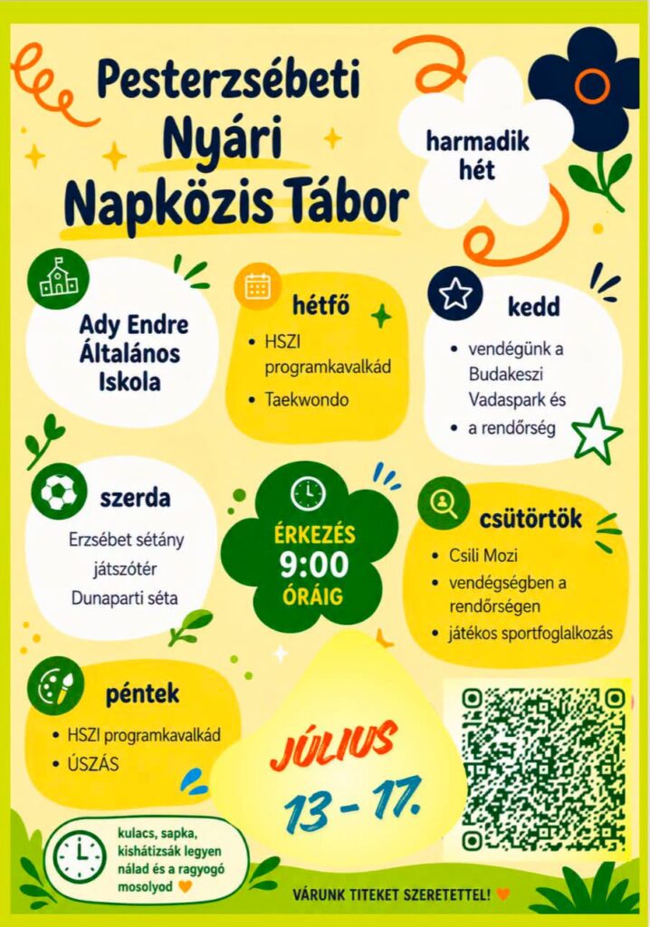 Megérkezett a Pesterzsébeti Nyári Napközis Tábor 3. heti programja! 🎉 Izgalmas programokkal, kirándulásokkal és sok-sok élménnyel várjuk a táborozókat július 13–17. között!