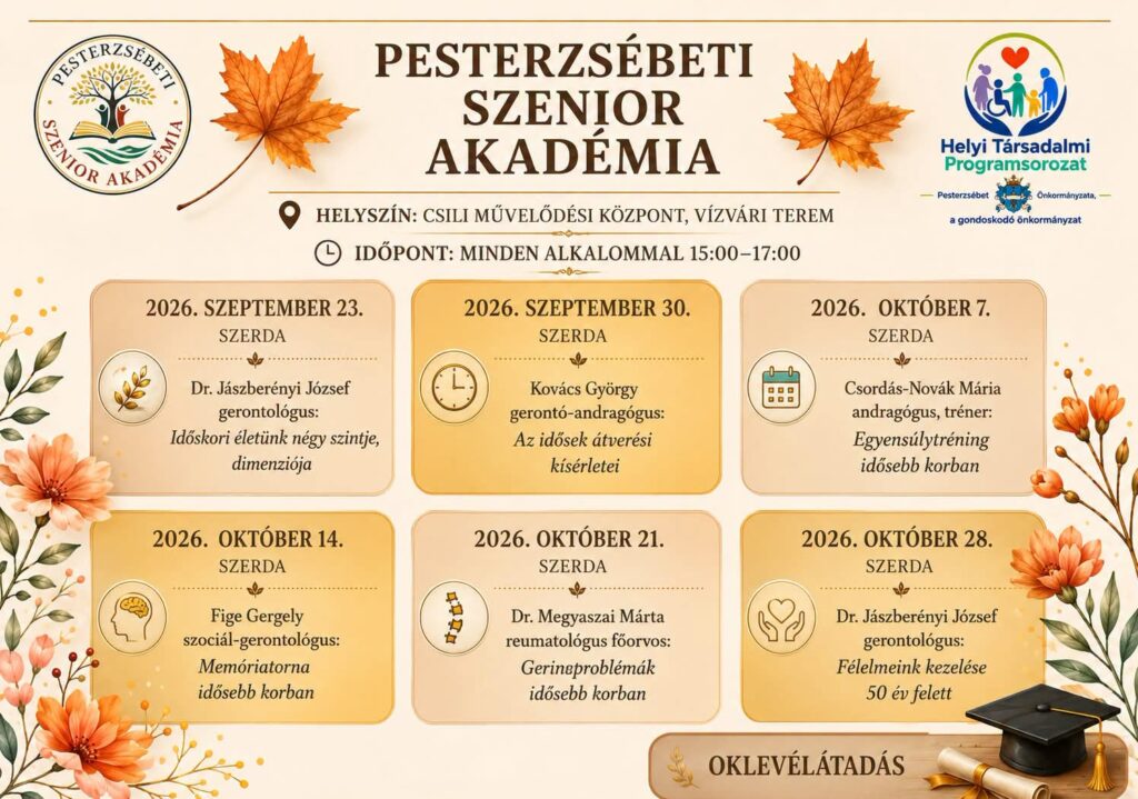 Holnap ismét Szenior Akadémia! Az érdeklődők Fige Gergely szociálgerontológus Memóriatorna idősebb korban című előadását hallgathatják meg. Az Akadémia alkalmai 15 órakor kezdődnek, a regisztráció 14:30-tól kezdődik. Várunk minden érdeklődőt szeretettel. Az alkalmakról készül felvétel, amelyet később visszanézhetnek azok az érdeklődők, akik nem tudtak részt venni vagy szeretnék újra meghallgatni az előadásokat. A felvételek pontos elérhetőséget később tesszük közé az Önkormányzat Facebook oldalán, valamint a honlapon.